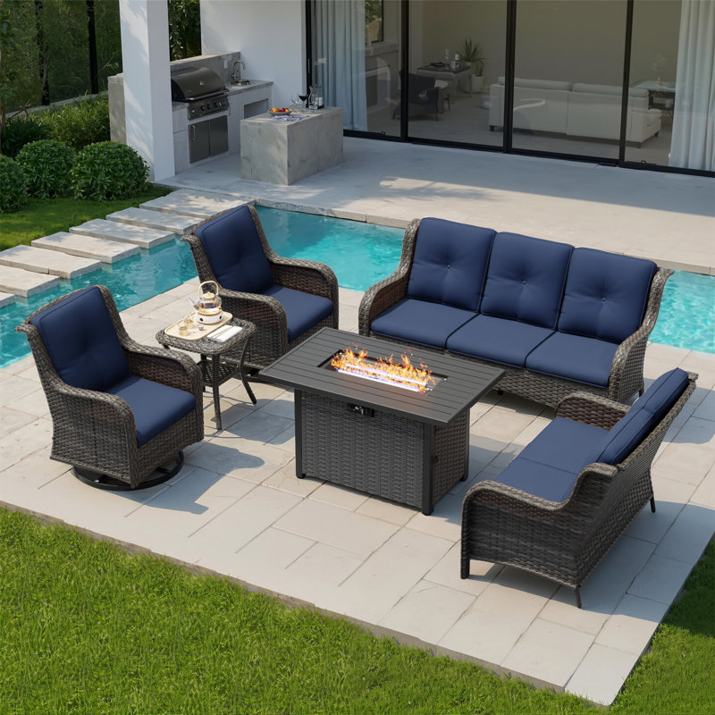 7-Person Outdoor Patio Conversation Rattan Seating Group With 2-In-1 Propane Fire Pit Table,2 Swivel Chairs and Blue Cushions
