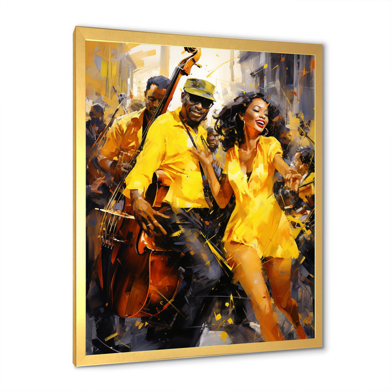 Yellow Jazz Dance Fusion - Art mural de danse, H 20 po x l 12 po x P 1 po, Cadre doré simple