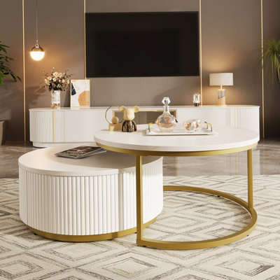 Table basse gigogne moderne cannelée avec tiroir en blanc et or 31,5 po Modern