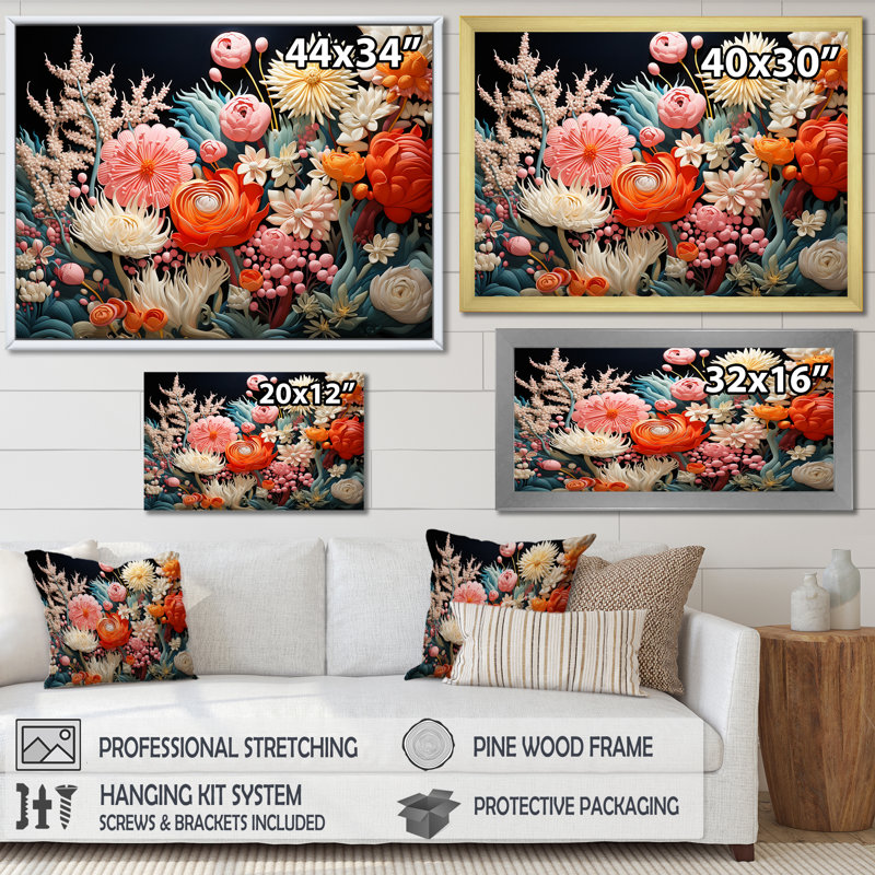 Pêche et corail blanc II sur toile, H 12 po x l 20 po x P 1 po, Cadre flottant doré