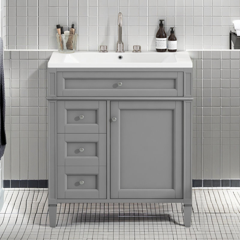 30'' Bathroom Vanity with Top Sink, Modern Bathroom Storage Cabinet with 2 Drawers and a Tip-out Drawer, Single Sink Bathroom Vanity 