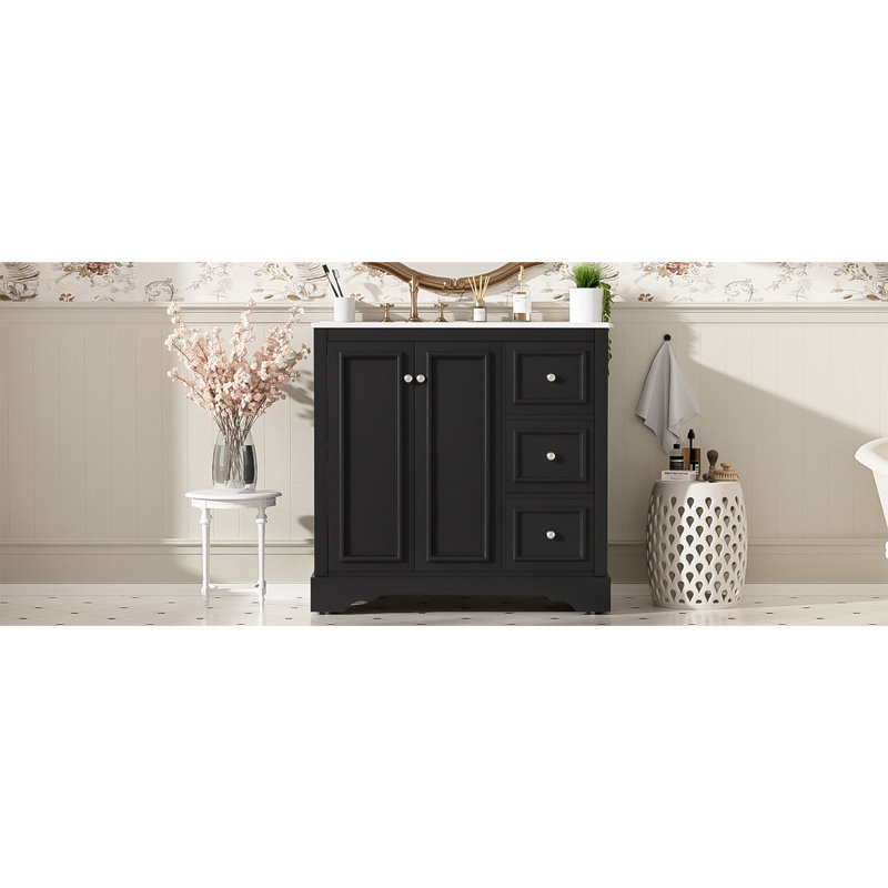 36'' Transitional Bathroom Vanity With Ceramic Sink – Features 2 Soft-Close Doors, An Adjustable U-Shaped Shelf, 3 Drawers (Including One With Divider), Painted Finish, And Ample Storage Space