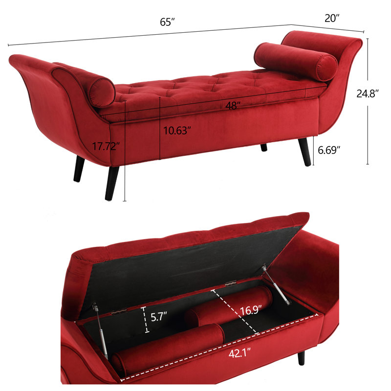 Très grand banc d'entrée en velours rouge de 65 po avec rangement et style, profondeur de 49,85 po, largeur de 18,81 po, largeur de 16,8 po, espace polyvalent de 48,05 lb pour le salon, sièges spacieux, profondeur, largeur, hauteur,