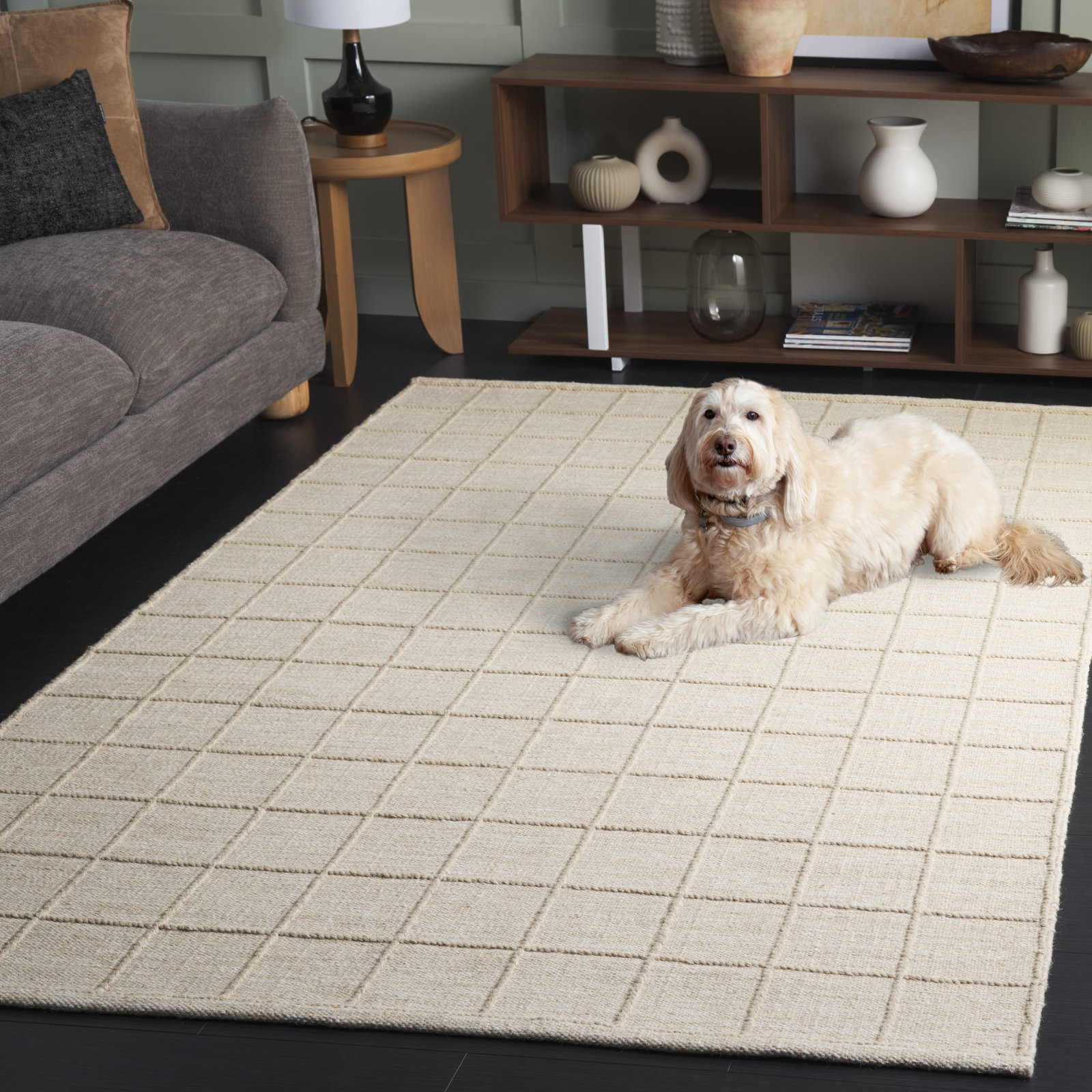 Beige Hand-Woven Geometric Wool Rug, Rectangle 5' x 8'