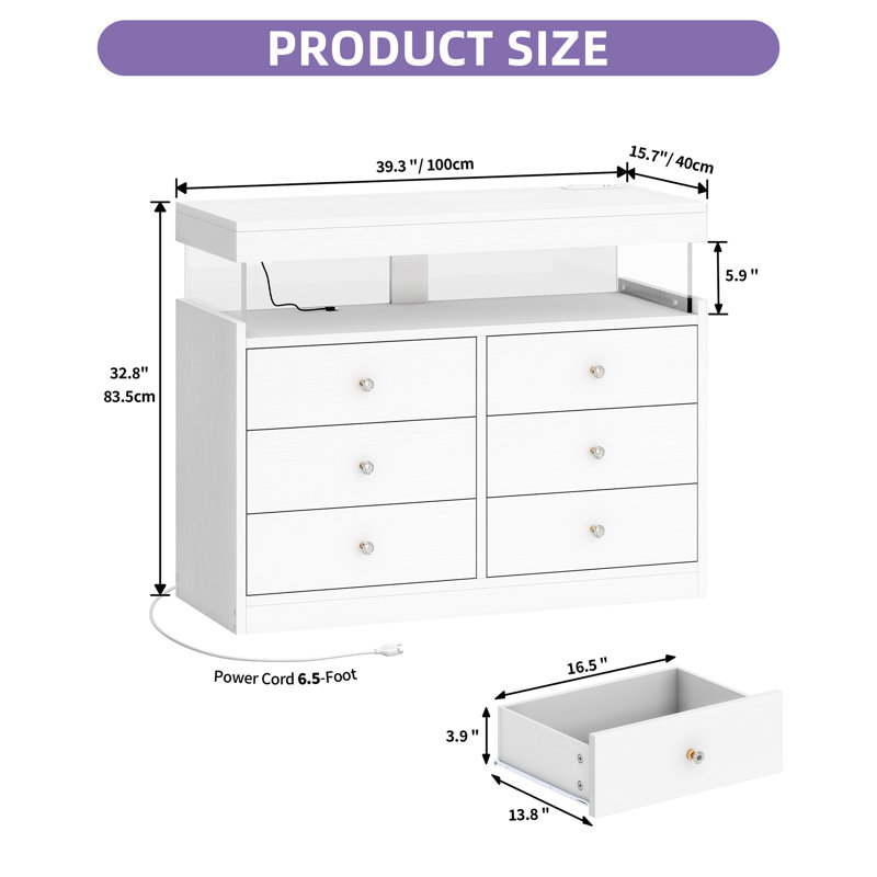 39.3"W  6 - Drawer Dresser Accent Chest with Power Outlet, LED Lights and Open Shelf