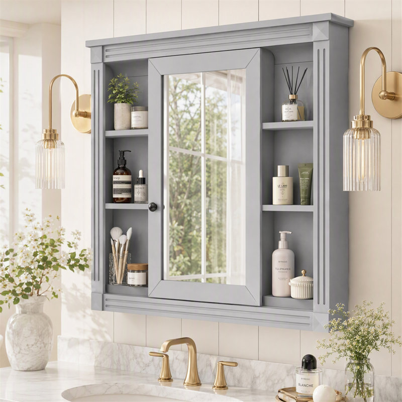 Armoire à pharmacie murale de 89 cm (35 po) avec miroir et 5 tablettes ouvertes, grise, Gris