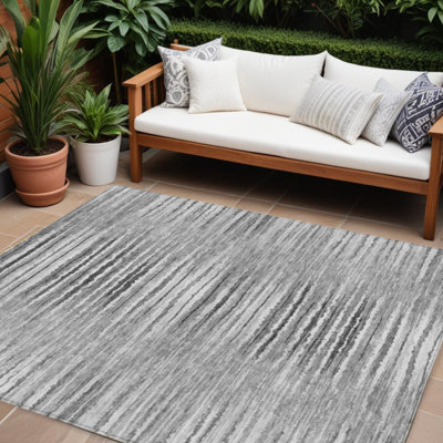 8' X 10' Grey And Charcoal Striped Washable Indoor Outdoor Area Rug