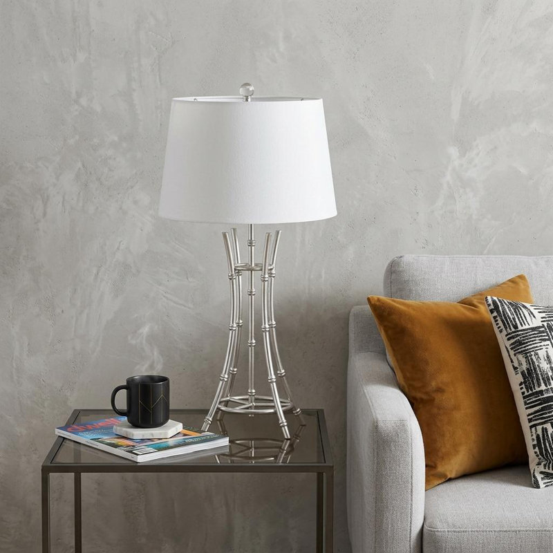 Lendsey 29" Bamboo Design Table Lamp With Off White Drum Shade, Satin Brushed Silver