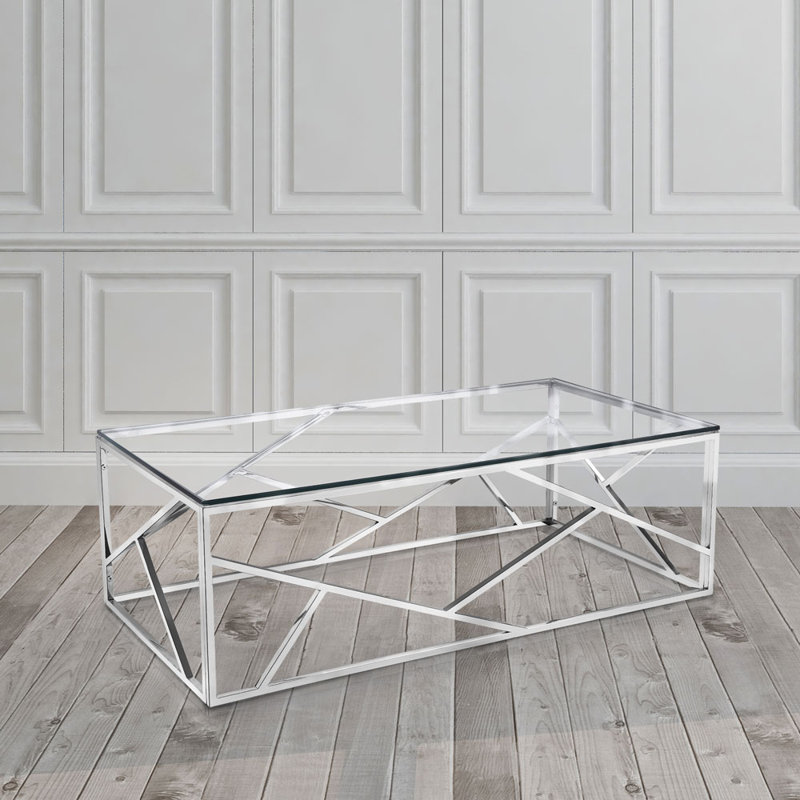 Laith Glass Top Coffee Table, Silver, 15.7" H x 47" L x 23.6" W