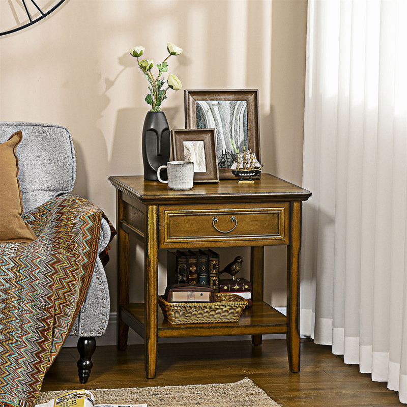 Table basse vintage avec tiroir et tablette ouverte