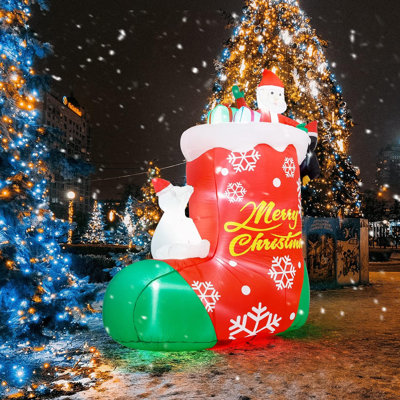 8FT Christmas Inflatable Decoration Bear Sitting On The Sock With Santa And Gift Box, Holliday Decoration, LED Lights Blow Up Yard Decor, Red