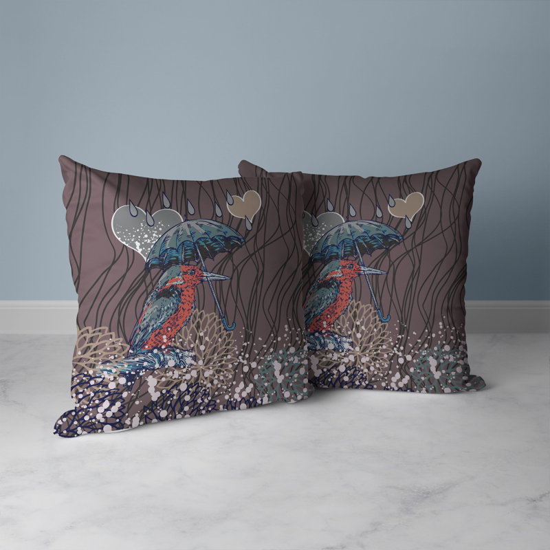 Coussin décoratif réversible Bird / Umbrella, H 16 po x l 16 po, Mauve / bleu sarcelle
