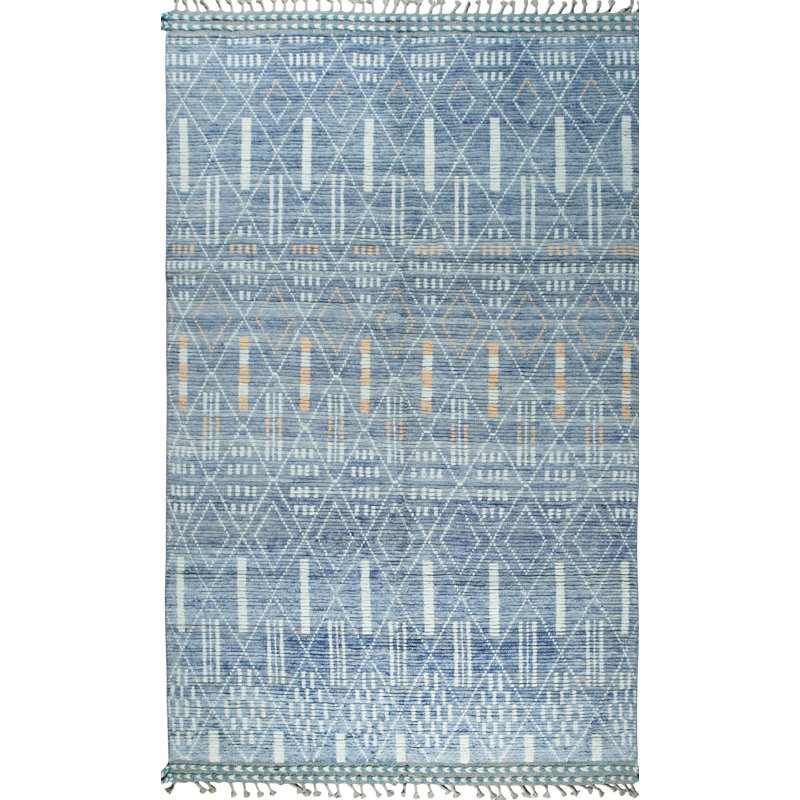 Tapis contemporain bleu à motif géométrique en laine tissé à losanges bleu, 6 pi x 9 pi