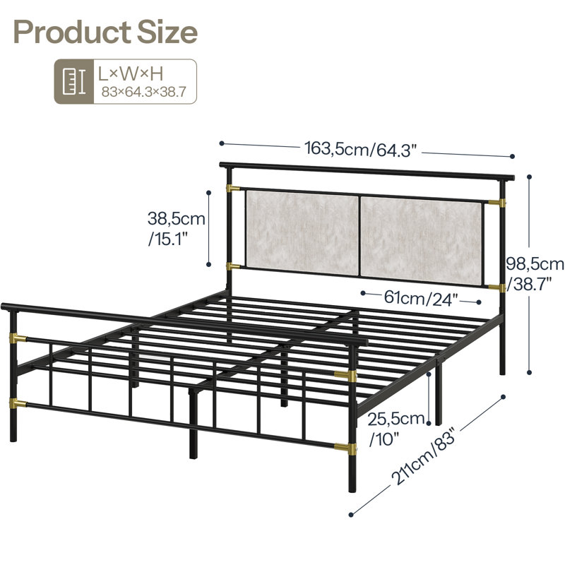 Metal 38.7" Bed Frame with Headboard, Queen