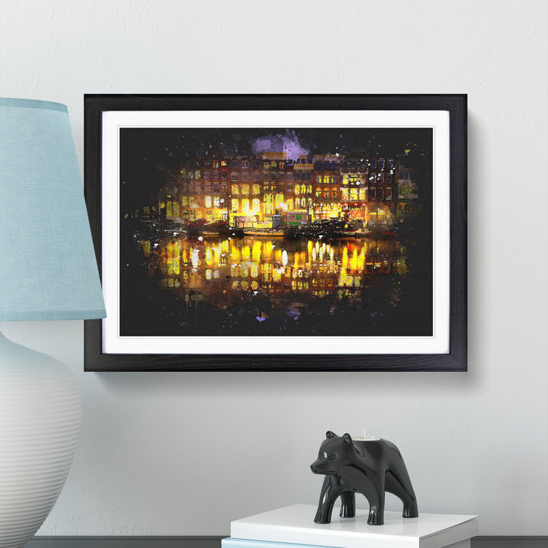 Amsterdam at Night - Picture Frame Graphic Art Print, 24cm H x 33cm W x 2cm D, Black Framed