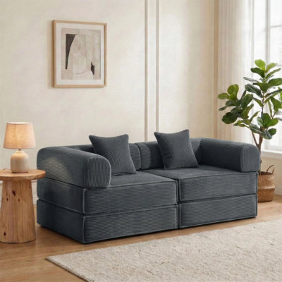 4-in-1 Convertible Corduroy Sofa Bed, Boneless Loveseat Sleeper Sofa with 2 Pillows, No Assembly Modular Floor Couch for Small Apartment, Living Room & Guest Room