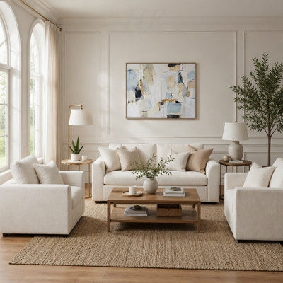Ensemble de canapé en chenille 4 pièces avec 2 chaises d'appoint, causeuse et repose-pieds mobile, structure en bois massif, ensemble de mobilier de salon moderne, 3 coussins décoratifs inclus