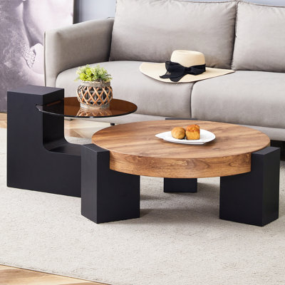 Modern Simple Double-Layer Round Coffee Table - Transparent Brown Glass Top With Black MDF L-Shaped Legs.The Detachable Design Can Make The Use Of Space More Flexible.W1151P209571 (Only Including Table)