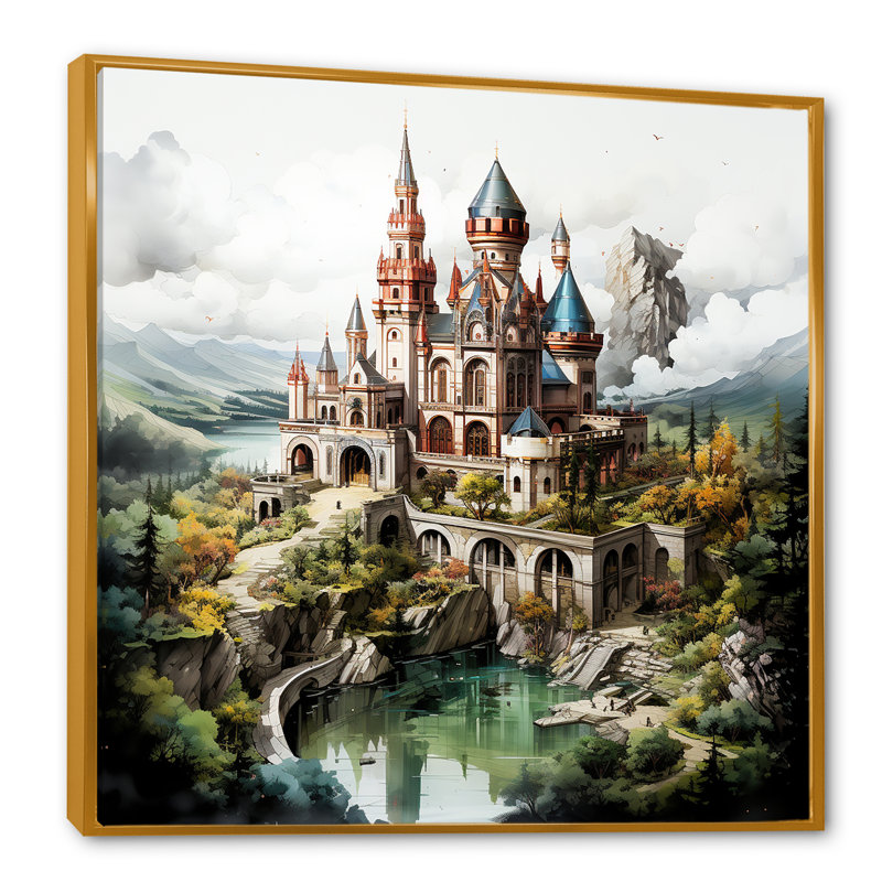 Dessin mystique d'un château I sur toile, Cadre flottant doré, H 30 po x l 30 po x P 1 po
