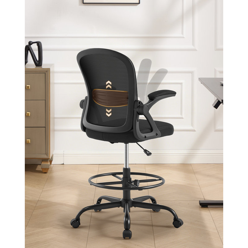 Chaise de dessinateur en filet, chaise de bureau, tabourets de bureau, chaise de dessinateur pivotante à dossier moyen, chaise de dessinateur avec repose-pieds et accoudoirs rabattables et support lombaire