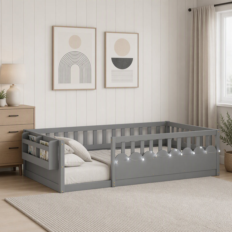Cadre de lit au sol Montessori avec barrières hautes, lumière DEL et tablette de rangement pour enfants, Lit simple, Gris