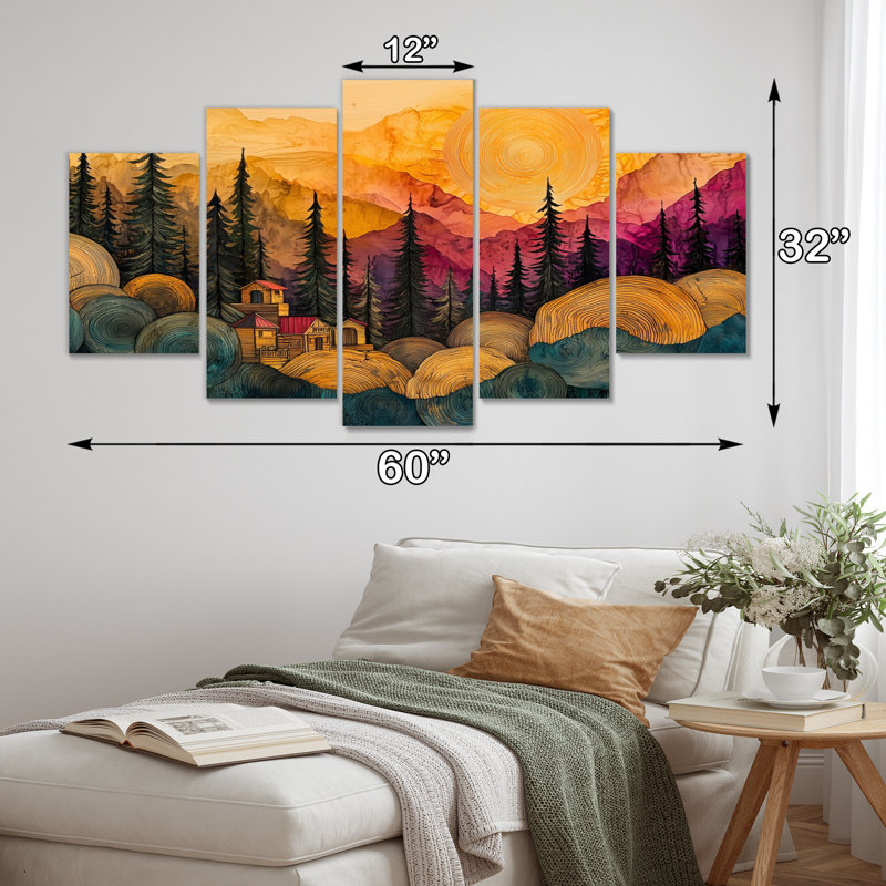 «Native Indian Village In AForest Landscape II», art mural indien - ensemble d'art mural traditionnel diamant