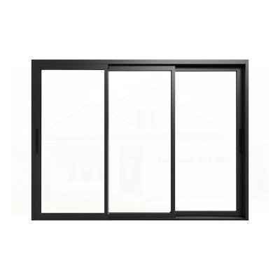  Porte à patio coulissante l 108 po x H 80 po à trois rails avec ensemble de quincaillerie noir, verre transparent