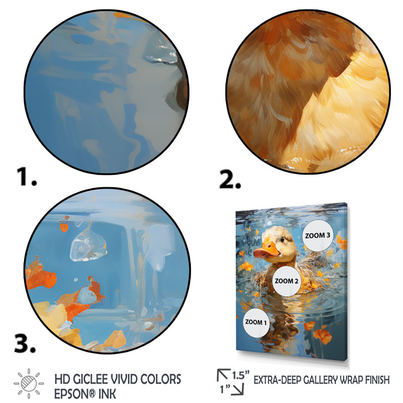 Yellow Ducklings Pond Reflections - Art mural animal de canard, Toile tendue, H 32 po x l 24 po