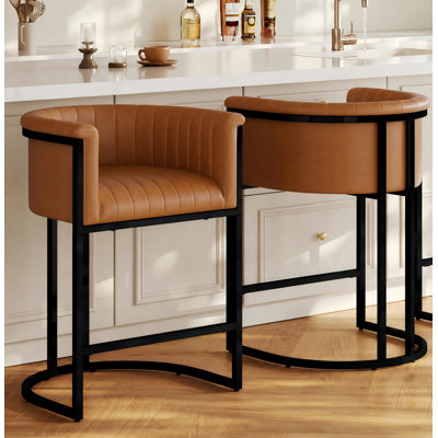 26" Counter Height Bar Stool Barrel Counter Stool With Backrest,Camel PU Leather Black Metal