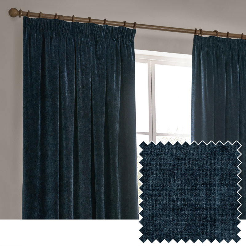 Heavy Chenille Room Darkening Pencil Pleat Curtains, Navy, 117 W x 137 D cm