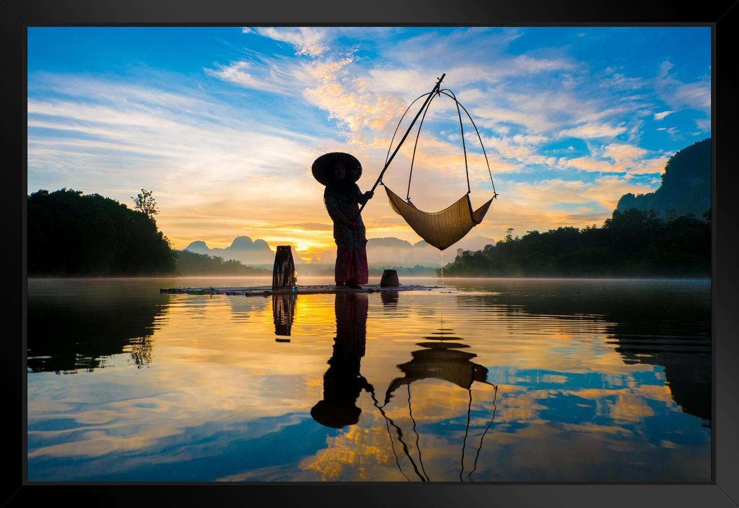 Fisherman On Raft With Fishing Nets In Asia Sky Reflecting On Lake Photo  Matted Framed Art Wall Decor 26x20 Framed On Paper Print