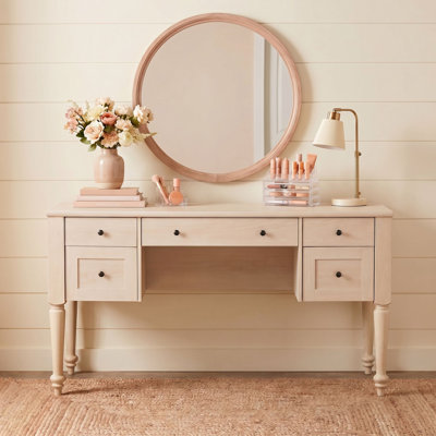 Scarlett 56" Spacious Vanity Desk With 5 Drawers, Charging Station, Rear Cabinet, Open Shelf, Beige, No Mirror