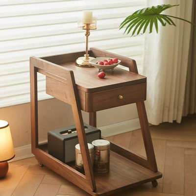 Modern Minimalist Black Walnut Wood Mobile Side Table with Wheels