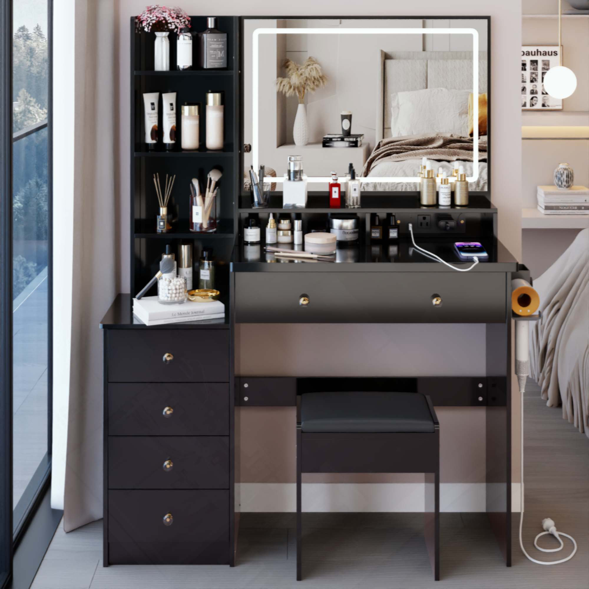Latitude Run® Large Size Left Bedside Cabinet Vanity Table+Cushioned ...