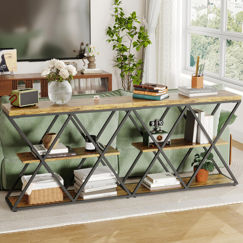 3-Tier Industrial Entryway Table with Storage, Console Sofa Table with Open Shelves, X-Shaped Metal Frame, Brown