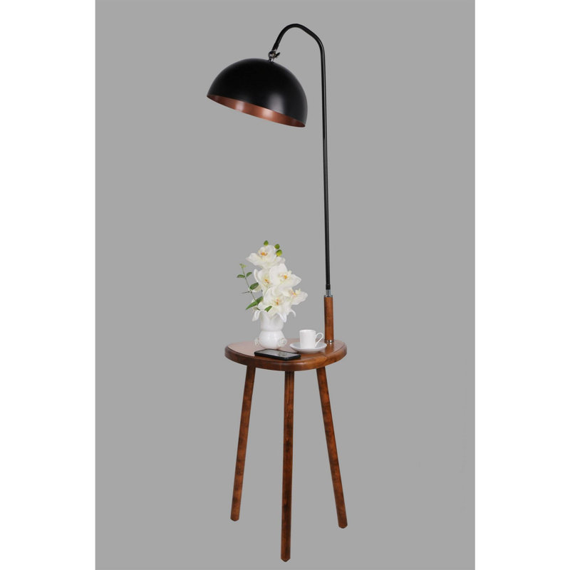 Luro Modern Floor Lamp with Wooden Table, Walnut Finish, 63 in Height | Metal Body, 15 in x 15 in Table | On/Off Switch on Cable, E27 Socket (Max 60W) | Stylish Lighting for Living Room & Office Decor