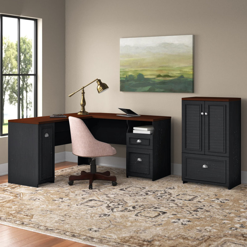 Bureau de direction en L Paelynn, Cerisier Hansen / noir antique