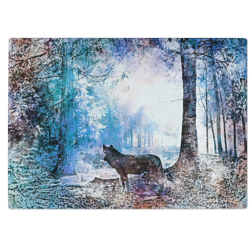 Tempered Glass Wolf in a Magical Forest in Abstract Chopping Board, 28.5 cm W x 20 cm L