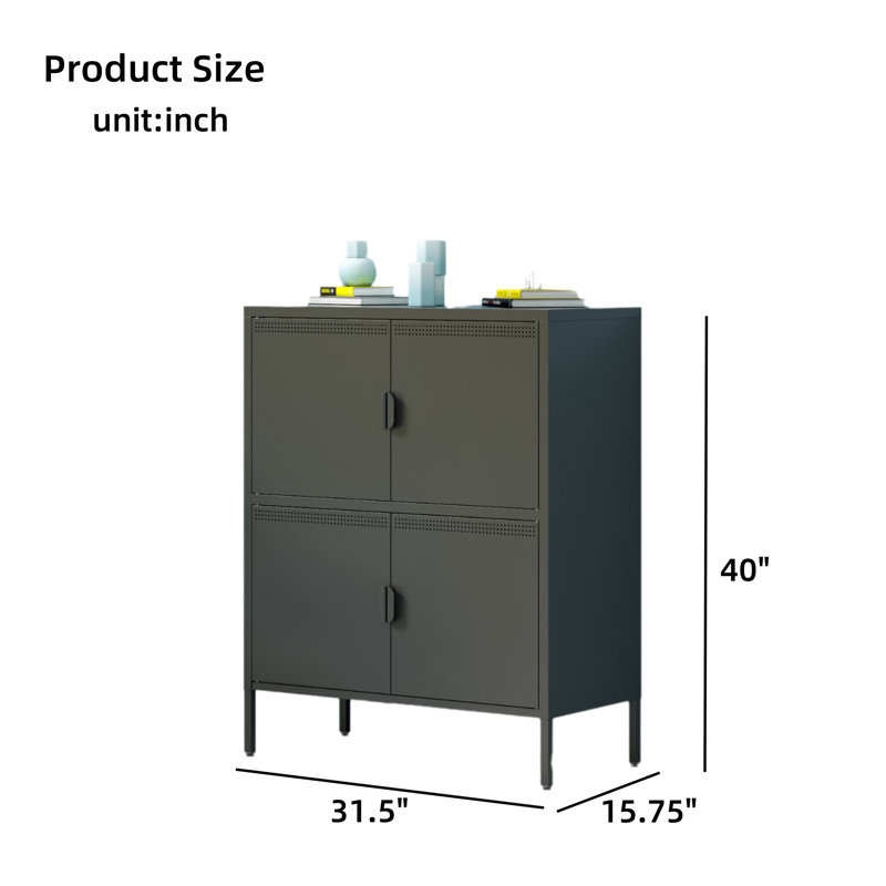 Grande armoire de rangement en métal 40 pouces avec 4 portes, Noir