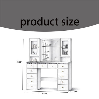 Large Modern Vanity Desk with Mirror and Lights – 12 Drawers, Two Storage Cabinets & Built-in Power Outlet, Glass Tabletop