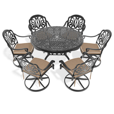 Ensemble de 7 chaises en fonte d'aluminium - 6 chaises pivotantes, table ronde 48,03 po, noir résistant aux intempéries