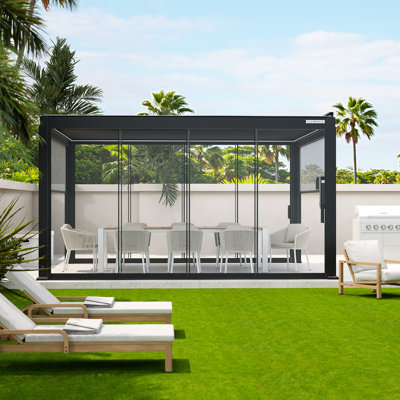 Flexpatio 13 Ft. W X 10 Ft. D Power+ Motorized Outdoor Louvered Pergola W/ 2-Side Shades & 2-Side Sliding Glass Doors