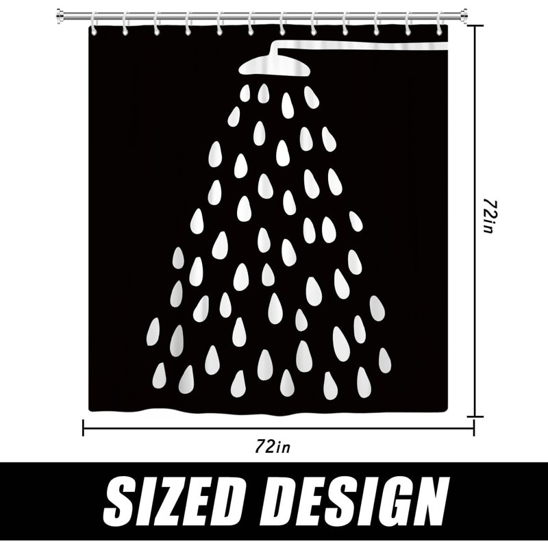 Rideau de douche noir et blanc Pomme de douche amusante et gouttes d'eau pour la salle de bain Rideau en tissu de polyester imperméable lavable à la machine pour la salle de bain avec 12 crochets 72 x 72 pouces