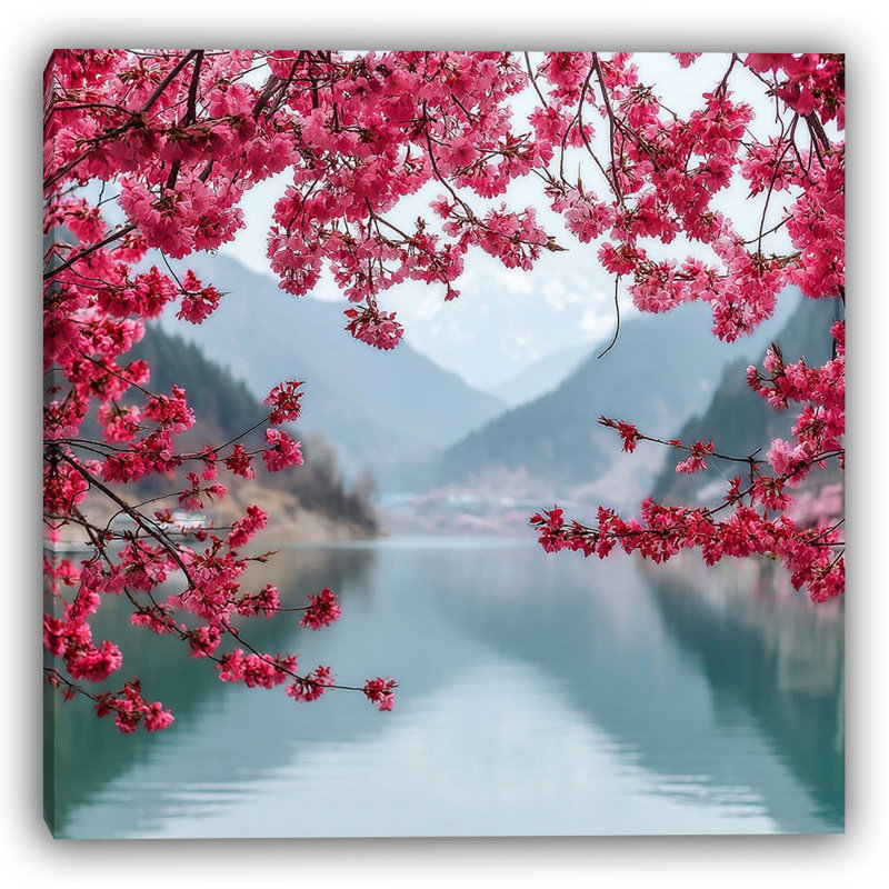 «Blossom Reflection - Pink Cherry Blossoms Over Lake», art mural sur toile, H 30 po x l 30 po