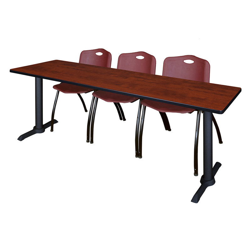 Cain T-Base Training Seminar Table & 3 M Stack Chairs, Burgundy, Cherry