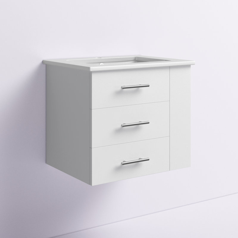 Ensemble de meuble-lavabo mural simple 24 po avec comptoir en céramique blanche avec tablette droite Aurilla, Blanc