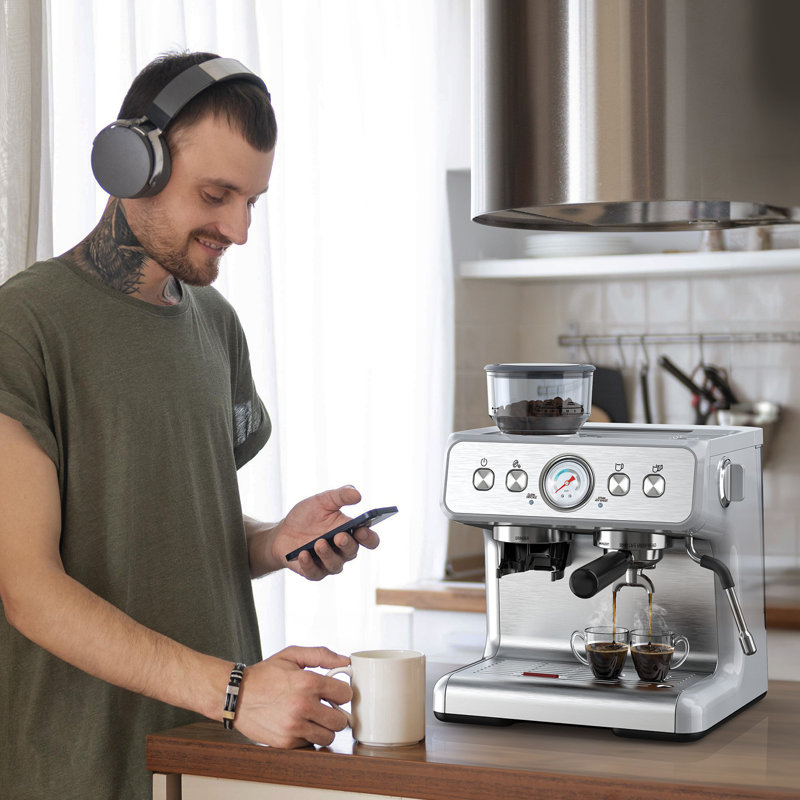 R.W.Flame Espresso Machine With Grinder,team Wand, Milk Cup&Self-cleaning Function For Home Barista