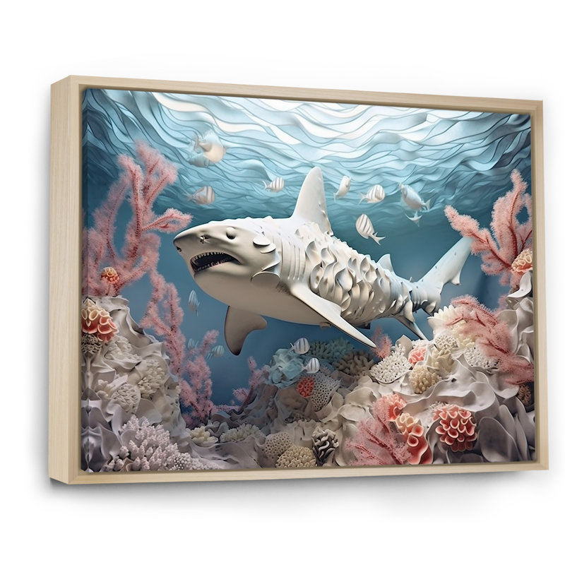 " Coral And Sharks Collage Symetry ", 16" H x 32" W x 1" D, Natural Floater Framed