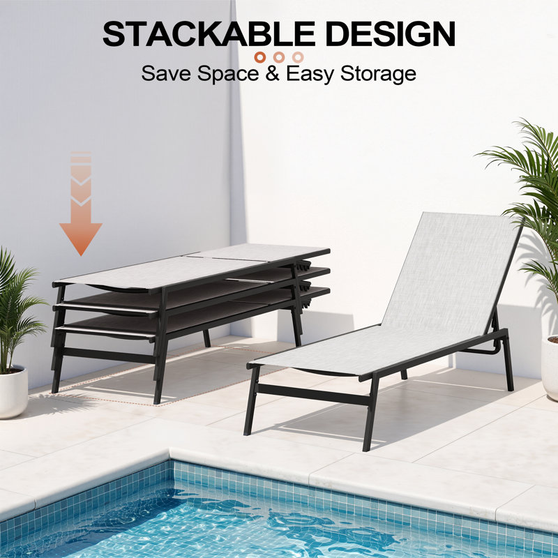 Esko Metal Stacking and Reclining Outdoor Chaise Lounge Set with Side Table, Earth