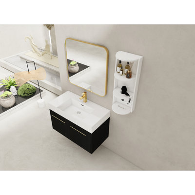 Meuble-lavabo mural de pouce avec lavabo et support de rangement, lavabo en résine à bords épais, ensemble KD